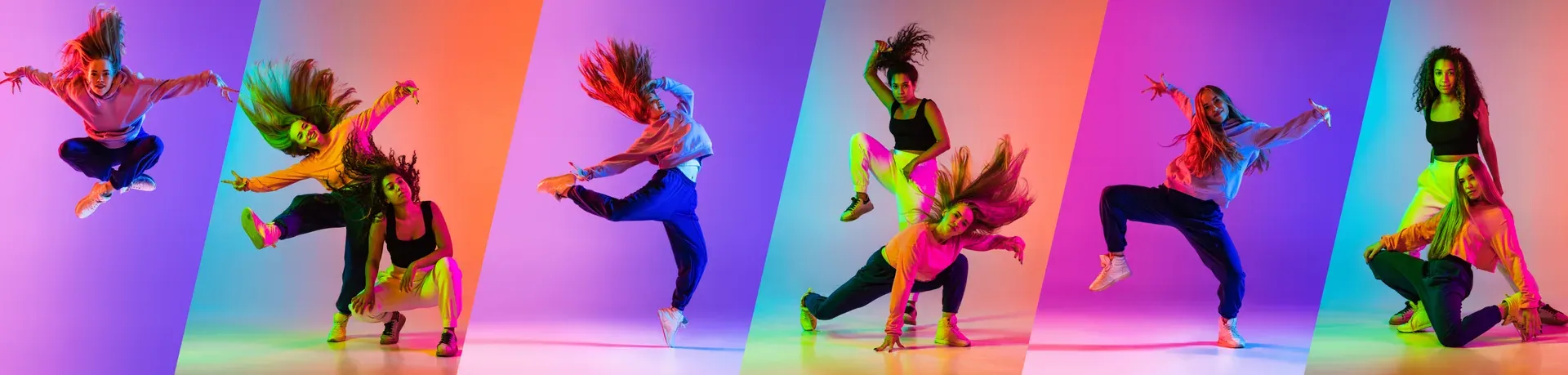 A strip of dancers and performers in motion under colored neon panels