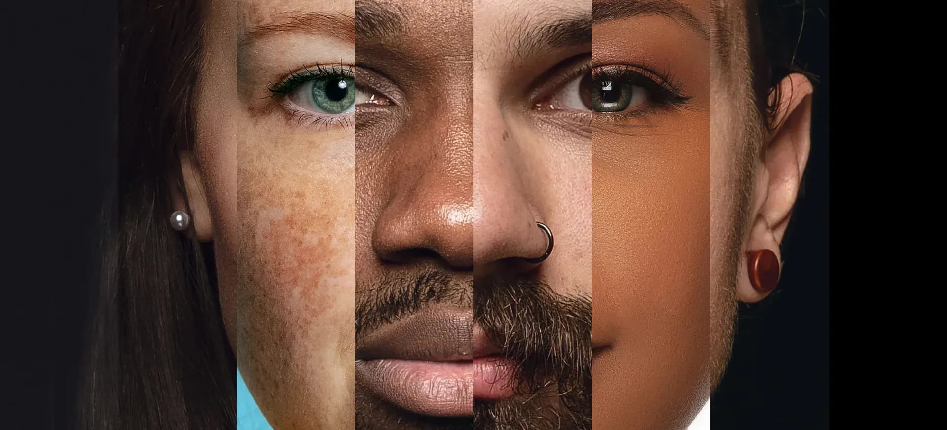 A composite face made from slices of five different people — identity, plural and personal