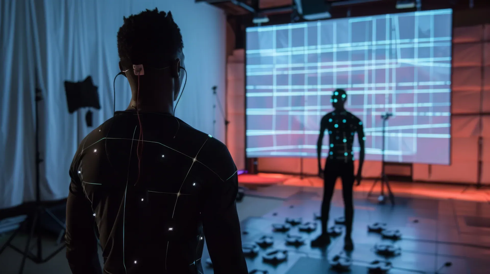 A performer in a motion-capture suit covered in tracking markers, facing his digital twin on a projection screen