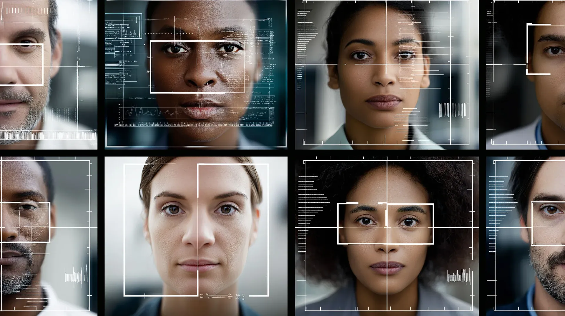 Eight diverse faces, each under a face-recognition targeting overlay — the people AURA is built for